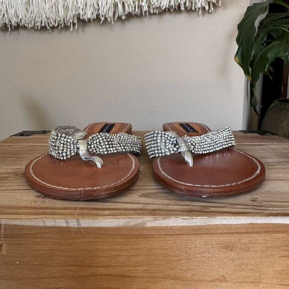 Steven ;Steve Madden Karatz Rhinestone Silver Genuine Leather Strap Thong Sandal - Picture 4 of 12